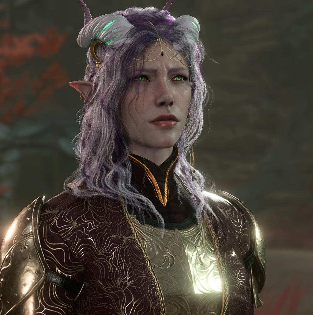 Snowhawk A screenshot from Baldur's Gate 3 of a annoyed looking tiefling, Snowhawk. She has dark purple hair, heavily peppered with silver, white swooped horns with purple tips, a golden circlet on her head, fiery green eyes, and is wearing dark red armor with gold
