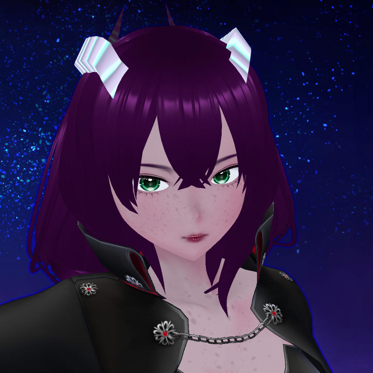 The Tiefling A headshot of the user's VTuber avatar, a Tiefling named Snowhawk. She has deep amethyst hair, green eyes, dusky purple skin with freckles, and is wearing a black coat with red accents and silver hardware.