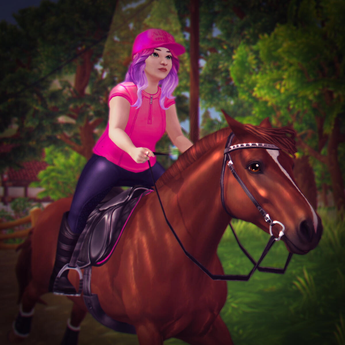 Littleomen An edited screenshot from Star Stable Online of the poster's character, Song Snowhawk, on her chestnut Connemara mare, Littleomen. Song has pink and purple hair and is wearing a bright pink ballcap and bright pink shirt, navy breeches, and black/dark grey