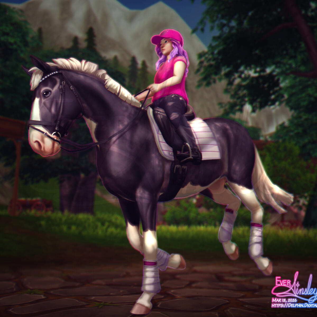 Lunalight An edited screenshot from Star Stable Online. The poster's character, Ashley Duskbard, riding her dapple grey Swedish Warmblood mare, Lunalight. Ashley is wearing a bright pink shirt and hat, black, ripped jeans, and black field boots. Her hair has a brig